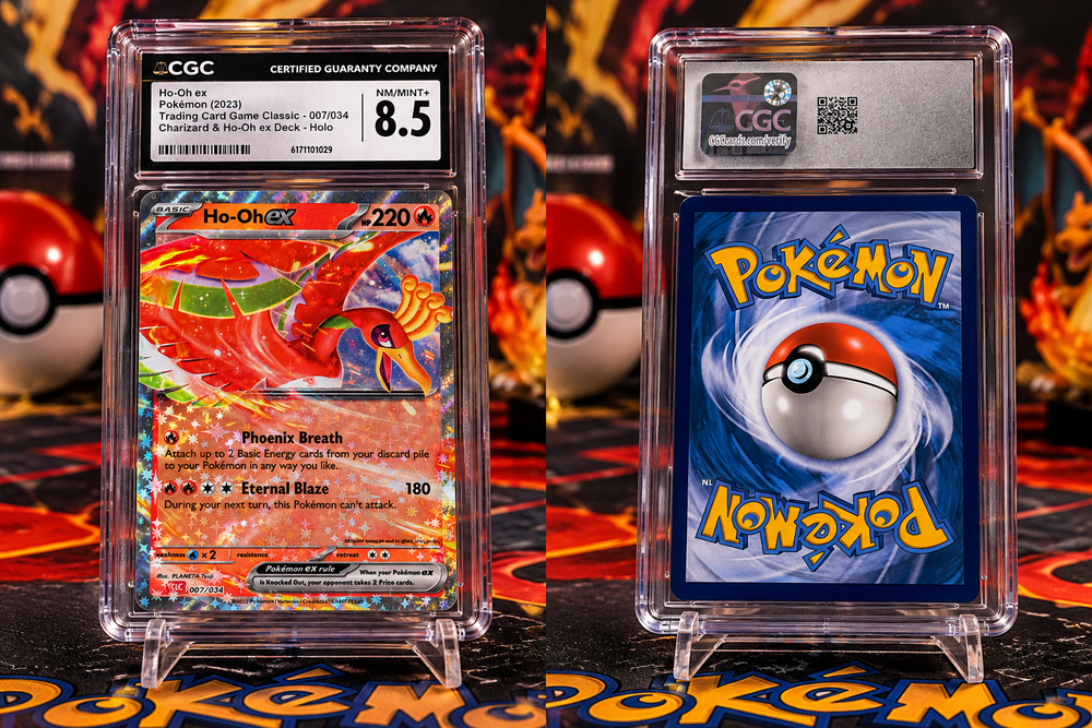 Ho-Oh ex CGC 8.5 graded Pokémon card front and back themed display